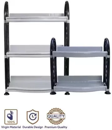 1 Plastic 3 Shelves &1 Plastic 2 Tier Kitchen Storage Rack Home Organising Stand (Pack of 2,Gray)