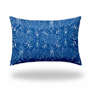 12" X 18" Blue And White Zippered Ikat Lumbar Indoor Outdoor Pillow