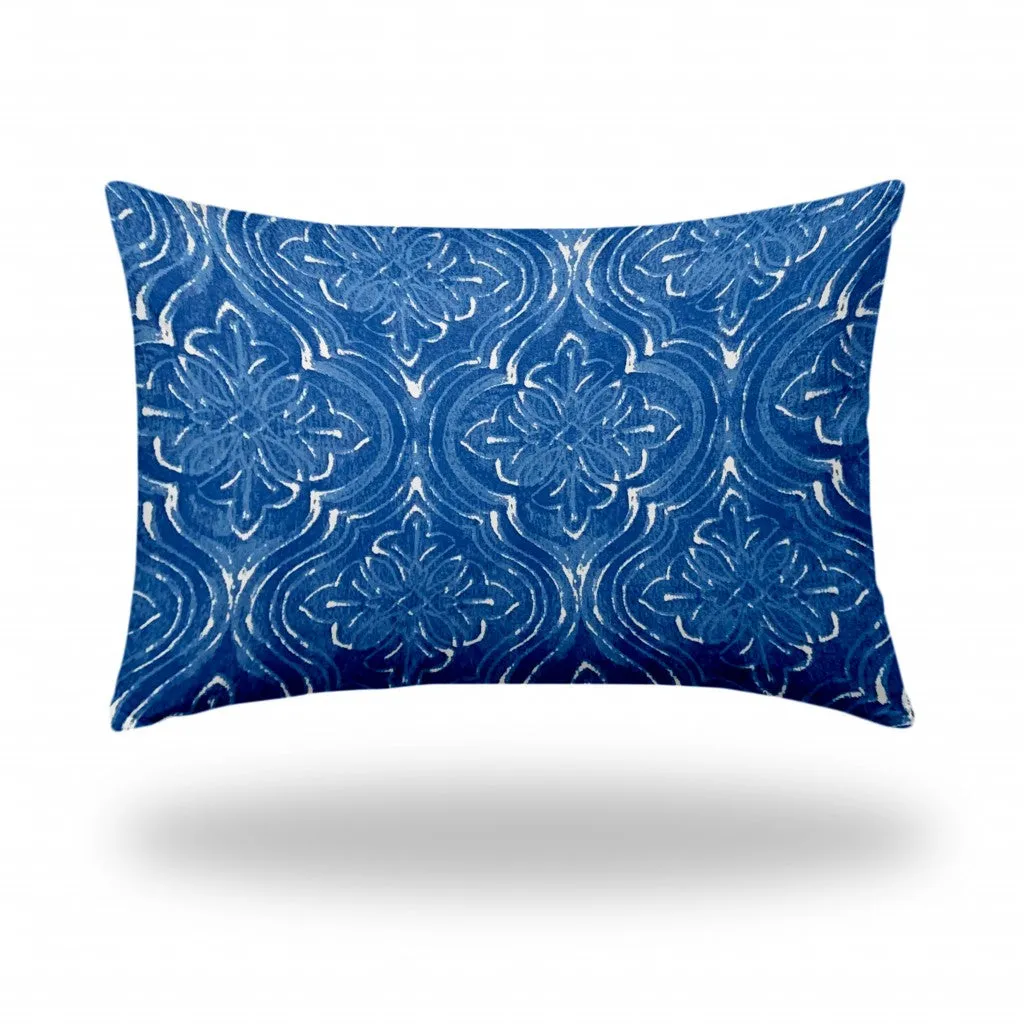 12" X 18" Blue And White Zippered Ikat Lumbar Indoor Outdoor Pillow