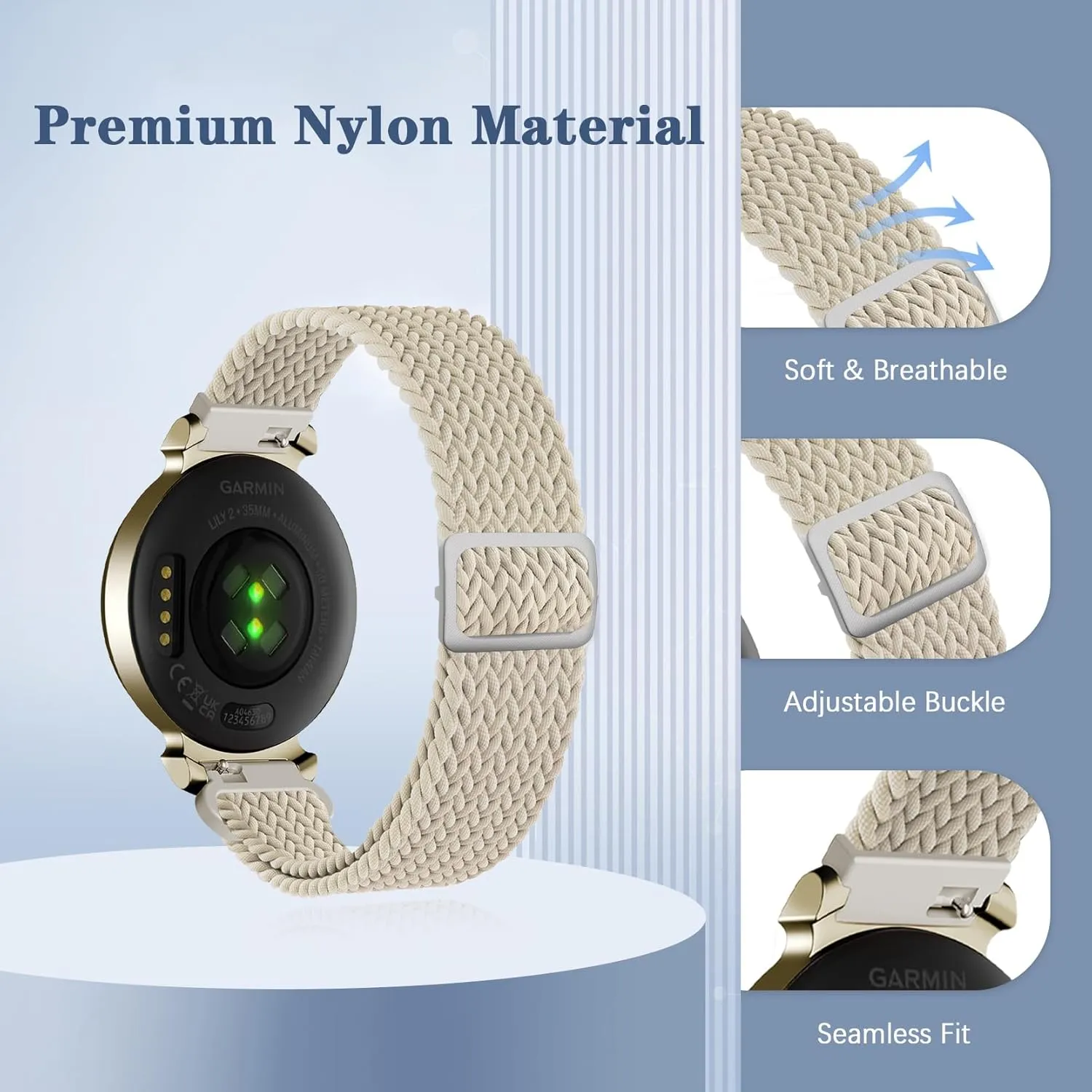 2 Pack Braid Nylon Bands Compatible with Garmin Lily 2, 14mm Stretchy Nylon Soft Loop Straps Quick Release Replacement Adjustable Wristband for Lily 2 Classic/Active Smart Watch Accessory for Women