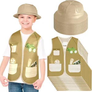 24 Pcs Kids Explorer Costume Sets Include 12 Kids Safari Vest and 12 Jungle Party Hats Plastic Safari Hats Vest for Jungle Party Supplies Outdoor Activity Favors Halloween Birthday Costume Gift