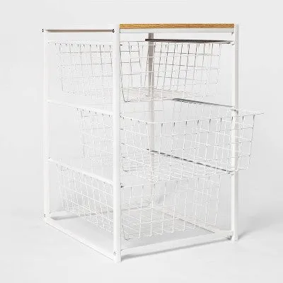 3 Drawer Organizer White Metal with Natural Wood - Brightroom
