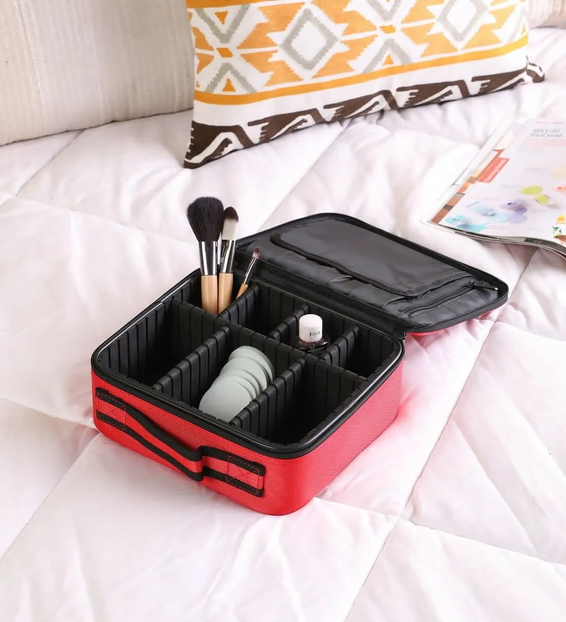 7 Compartments Storage Leather Make Up Organisers (Red, )