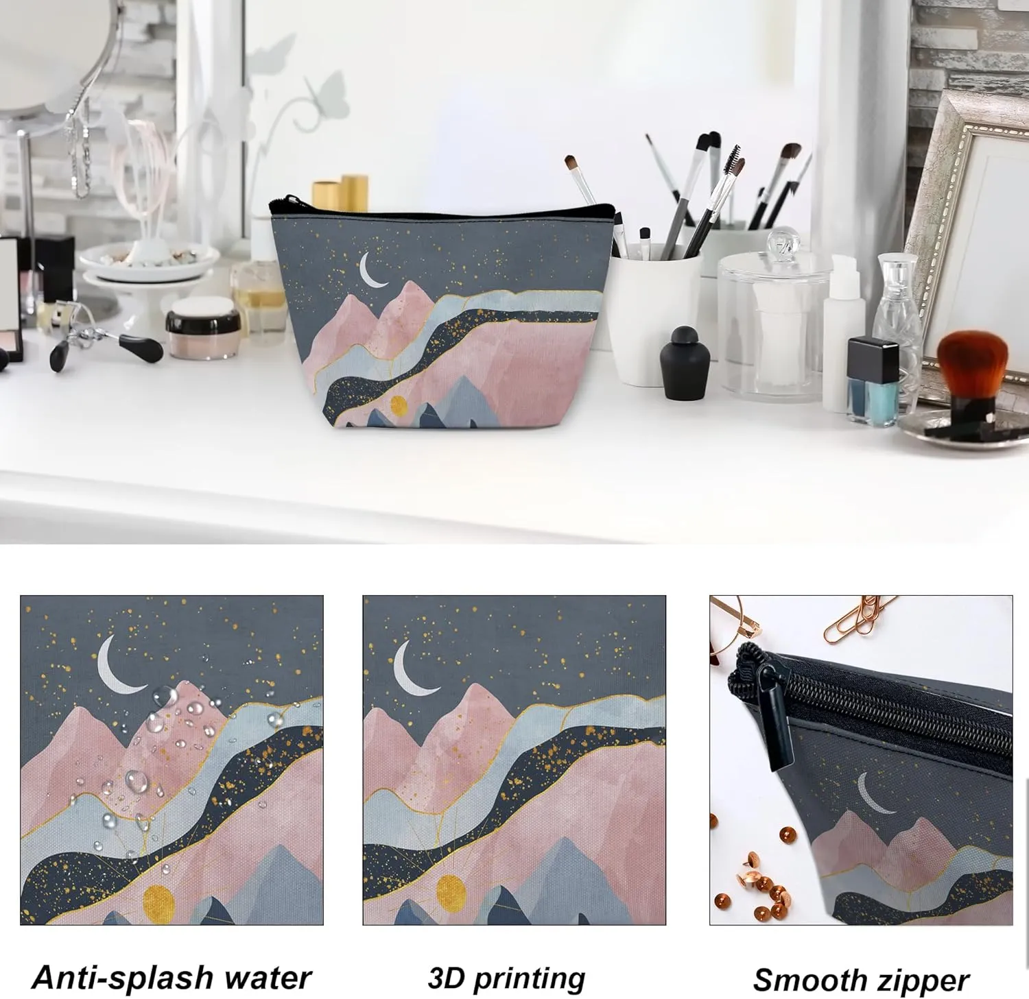 Abstract Mountains Makeup Bag for Purse, Waterproof Funny Sun Moon Stars Cosmetic Bag for Women, Zipper Travel Toiletry Pouch Gift 9.5??5.9 Inch