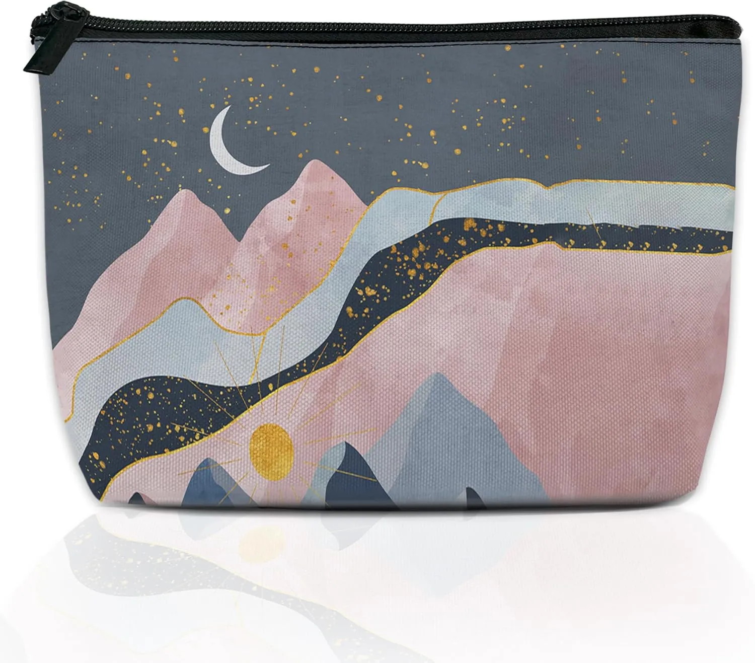 Abstract Mountains Makeup Bag for Purse, Waterproof Funny Sun Moon Stars Cosmetic Bag for Women, Zipper Travel Toiletry Pouch Gift 9.5??5.9 Inch