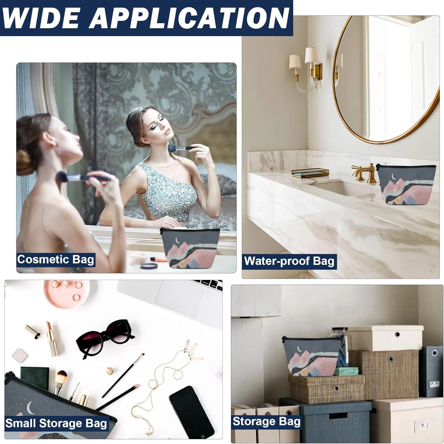 Abstract Mountains Makeup Bag for Purse, Waterproof Funny Sun Moon Stars Cosmetic Bag for Women, Zipper Travel Toiletry Pouch Gift 9.5??5.9 Inch