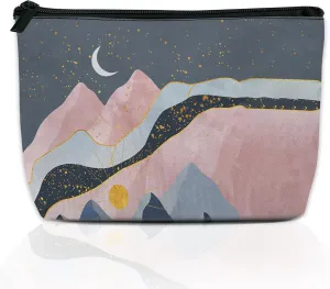 Abstract Mountains Makeup Bag for Purse, Waterproof Funny Sun Moon Stars Cosmetic Bag for Women, Zipper Travel Toiletry Pouch Gift 9.5??5.9 Inch