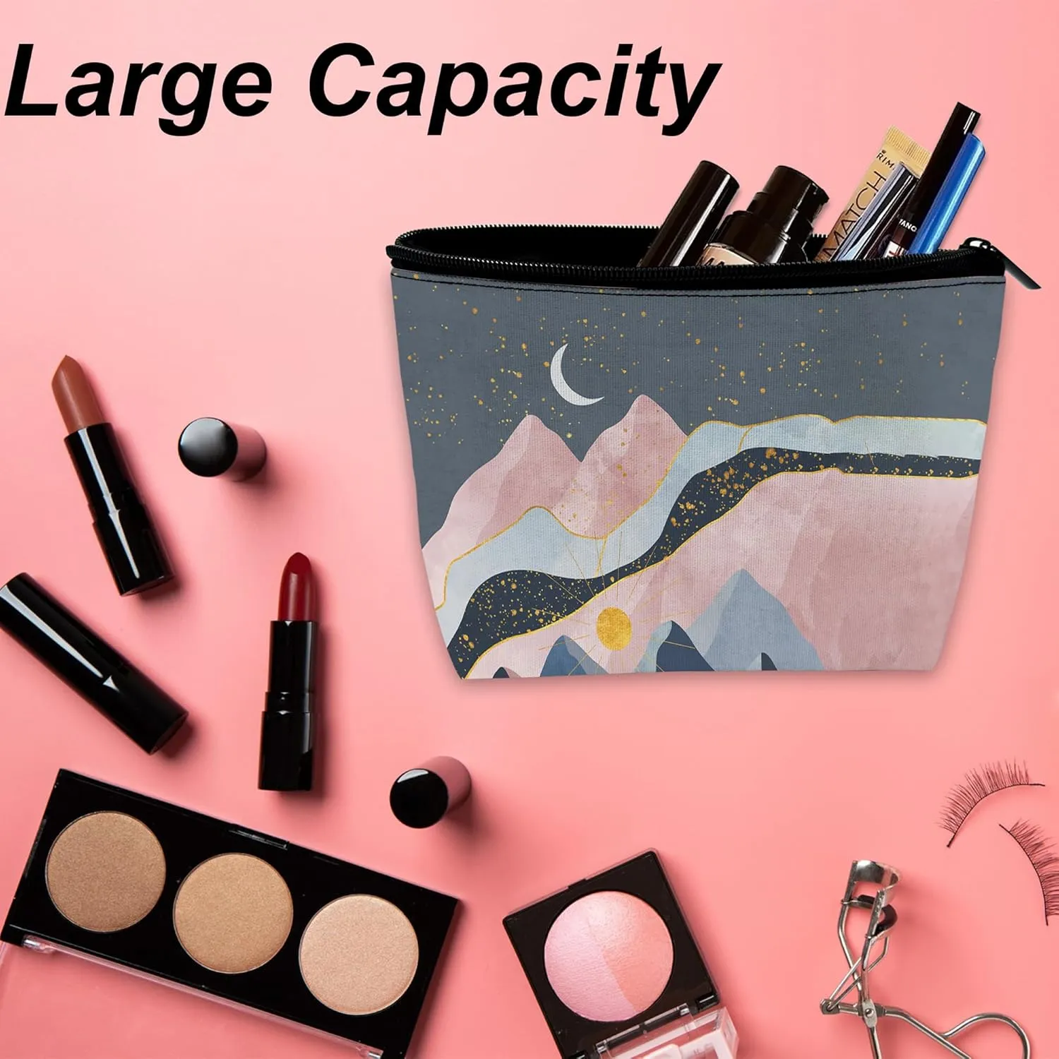 Abstract Mountains Makeup Bag for Purse, Waterproof Funny Sun Moon Stars Cosmetic Bag for Women, Zipper Travel Toiletry Pouch Gift 9.5??5.9 Inch