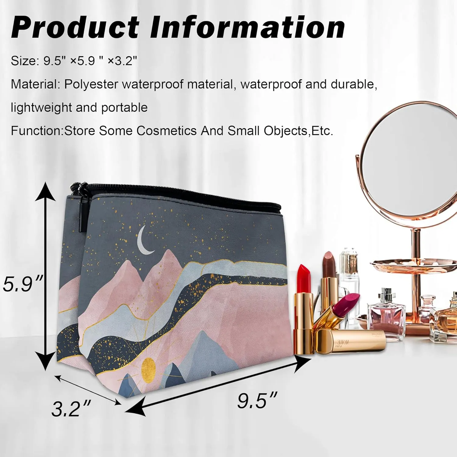 Abstract Mountains Makeup Bag for Purse, Waterproof Funny Sun Moon Stars Cosmetic Bag for Women, Zipper Travel Toiletry Pouch Gift 9.5??5.9 Inch