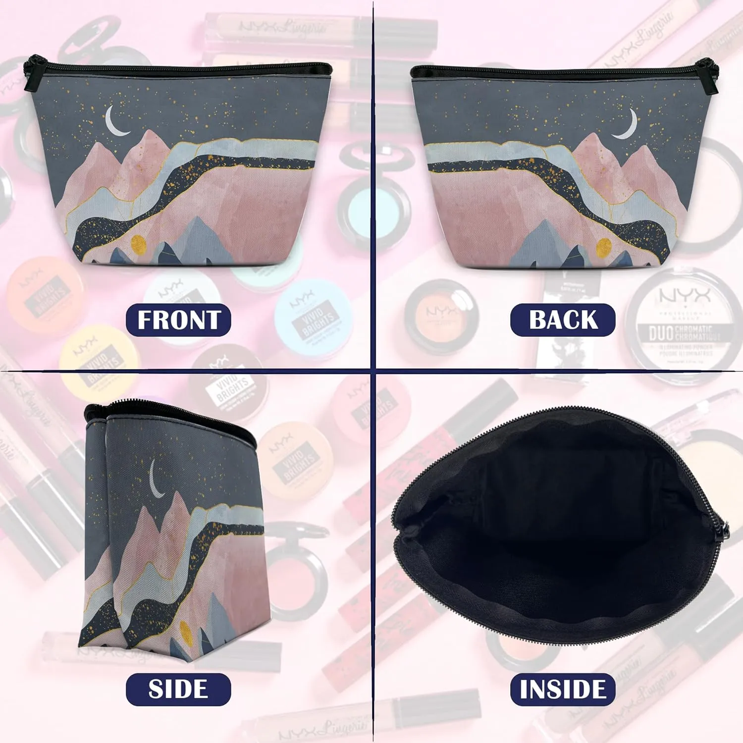 Abstract Mountains Makeup Bag for Purse, Waterproof Funny Sun Moon Stars Cosmetic Bag for Women, Zipper Travel Toiletry Pouch Gift 9.5??5.9 Inch