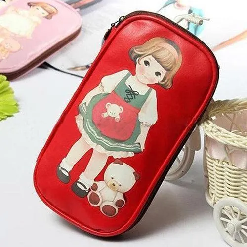 Adorable Cartoon Doll Girl Illustrated Storage Pouch and Organizer