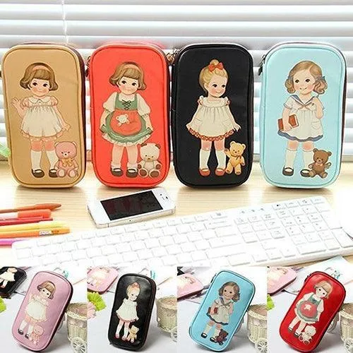 Adorable Cartoon Doll Girl Illustrated Storage Pouch and Organizer