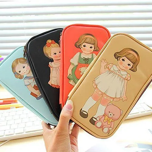 Adorable Cartoon Doll Girl Illustrated Storage Pouch and Organizer