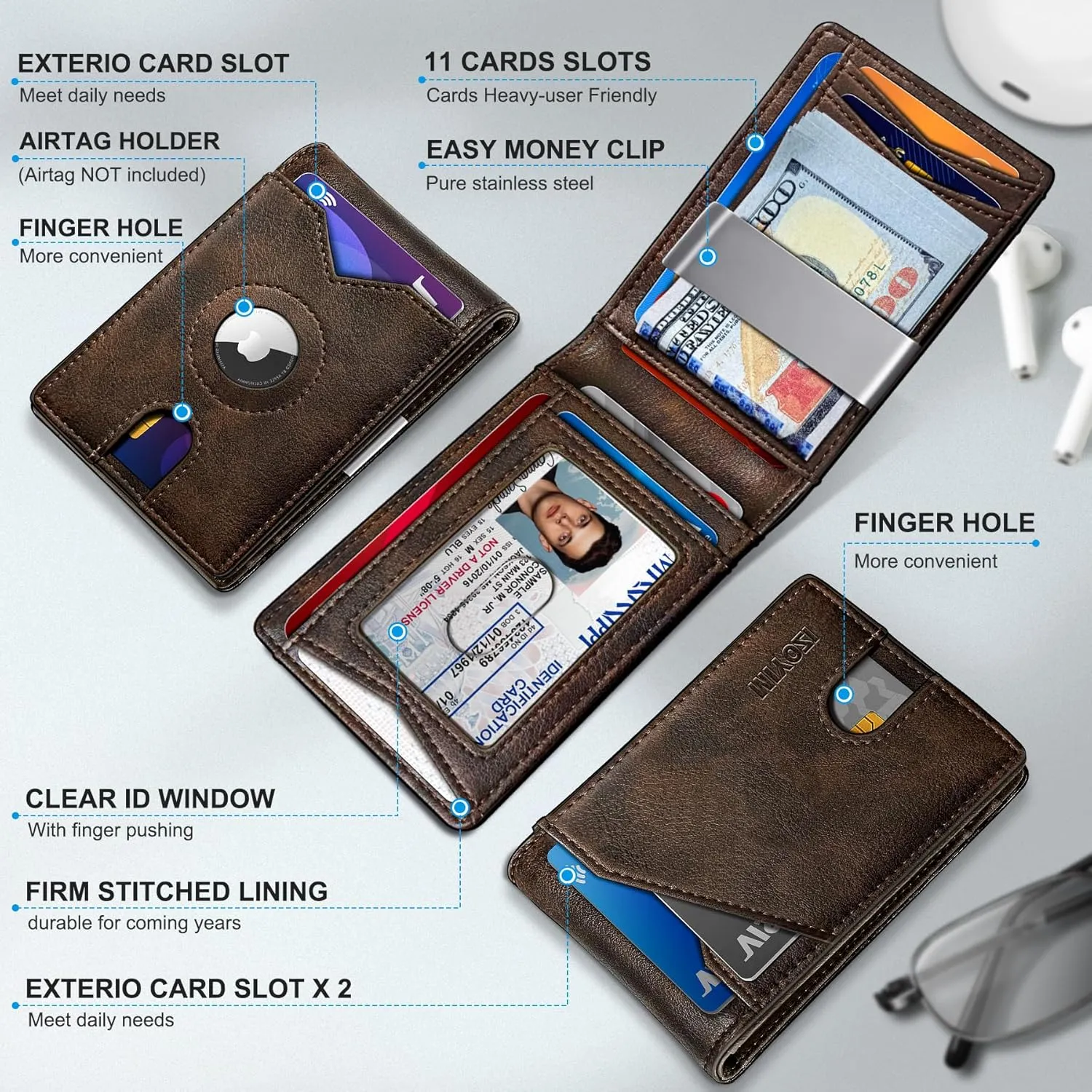 Airtag Wallet for Men,with Money Clip 11 Cards Slim Front Pocket Leather RFID Blocking Wallet with Gift Box