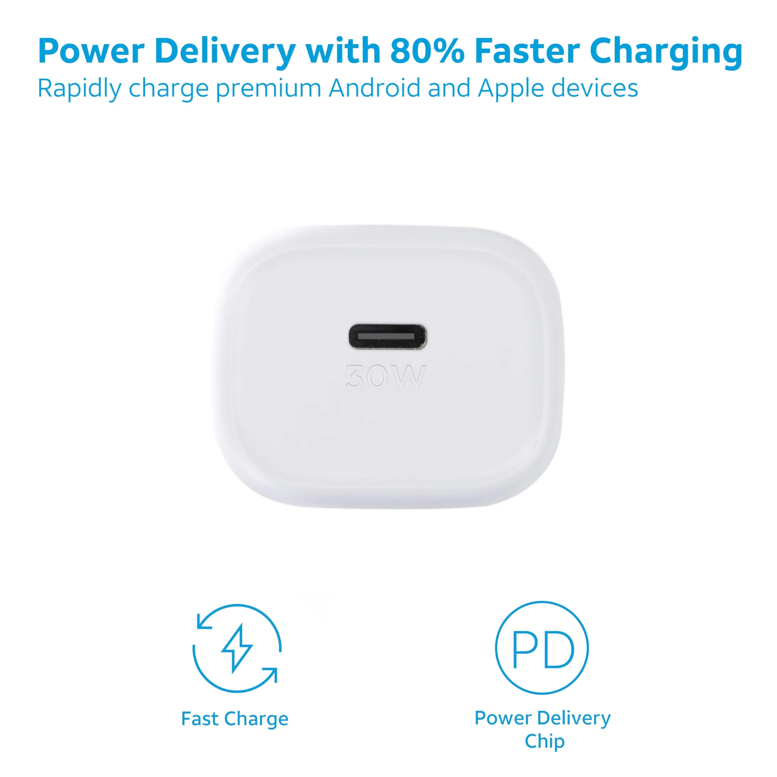 AT&T Single Port Fast Charging 30W USB-C Power Adapter Wall Block with Foldable Prongs for Apple iPhone, iPad, Google Pixel, Samsung Galaxy (White)