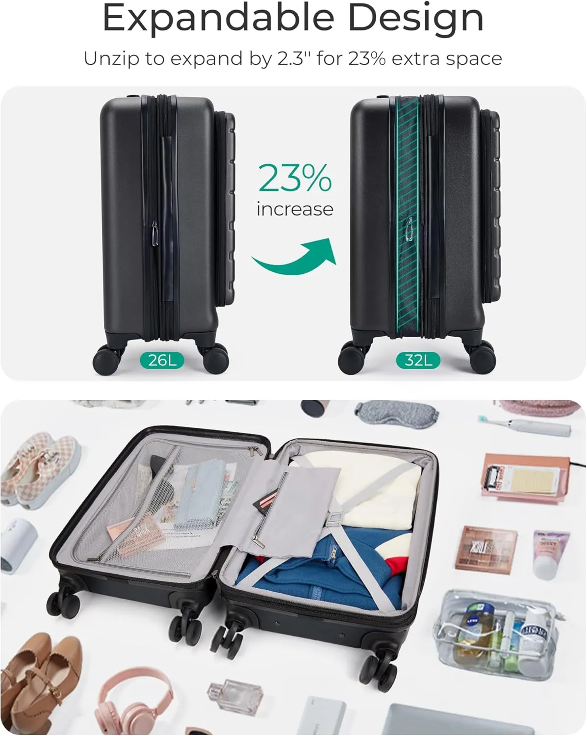 BAGSMART Expandable Carry On Luggage 22x14x9 Airline Approved, 20 Inch Suitcase with Spinner Wheels, Charging Ports, TSA Lock, Hard Shell Front Opening for Men Women Travel Business, Black