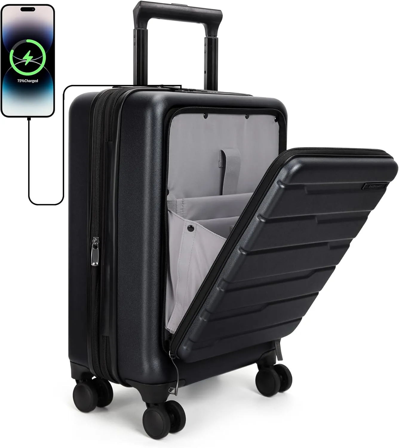 BAGSMART Expandable Carry On Luggage 22x14x9 Airline Approved, 20 Inch Suitcase with Spinner Wheels, Charging Ports, TSA Lock, Hard Shell Front Opening for Men Women Travel Business, Black