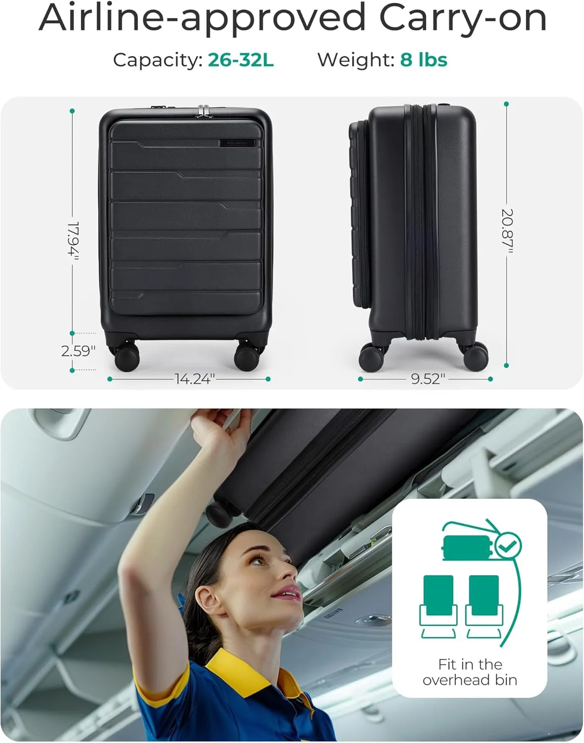 BAGSMART Expandable Carry On Luggage 22x14x9 Airline Approved, 20 Inch Suitcase with Spinner Wheels, Charging Ports, TSA Lock, Hard Shell Front Opening for Men Women Travel Business, Black