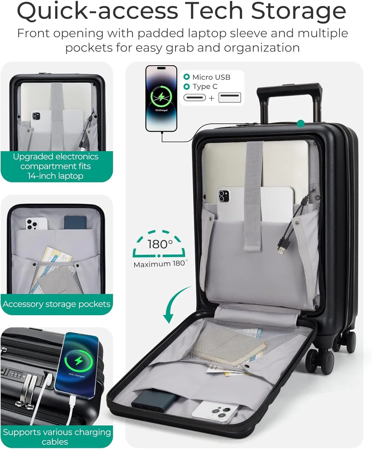 BAGSMART Expandable Carry On Luggage 22x14x9 Airline Approved, 20 Inch Suitcase with Spinner Wheels, Charging Ports, TSA Lock, Hard Shell Front Opening for Men Women Travel Business, Black