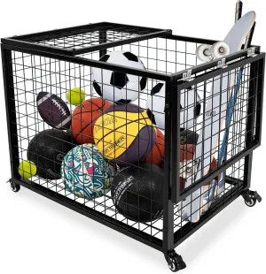 Ball Cart Garage Sports Equipment Basketball Organizer with Lockable Lid, Basketball Storage Bin for Indoor Outdoor, Rolling Exercise Ball Holder for Gym, School, Club