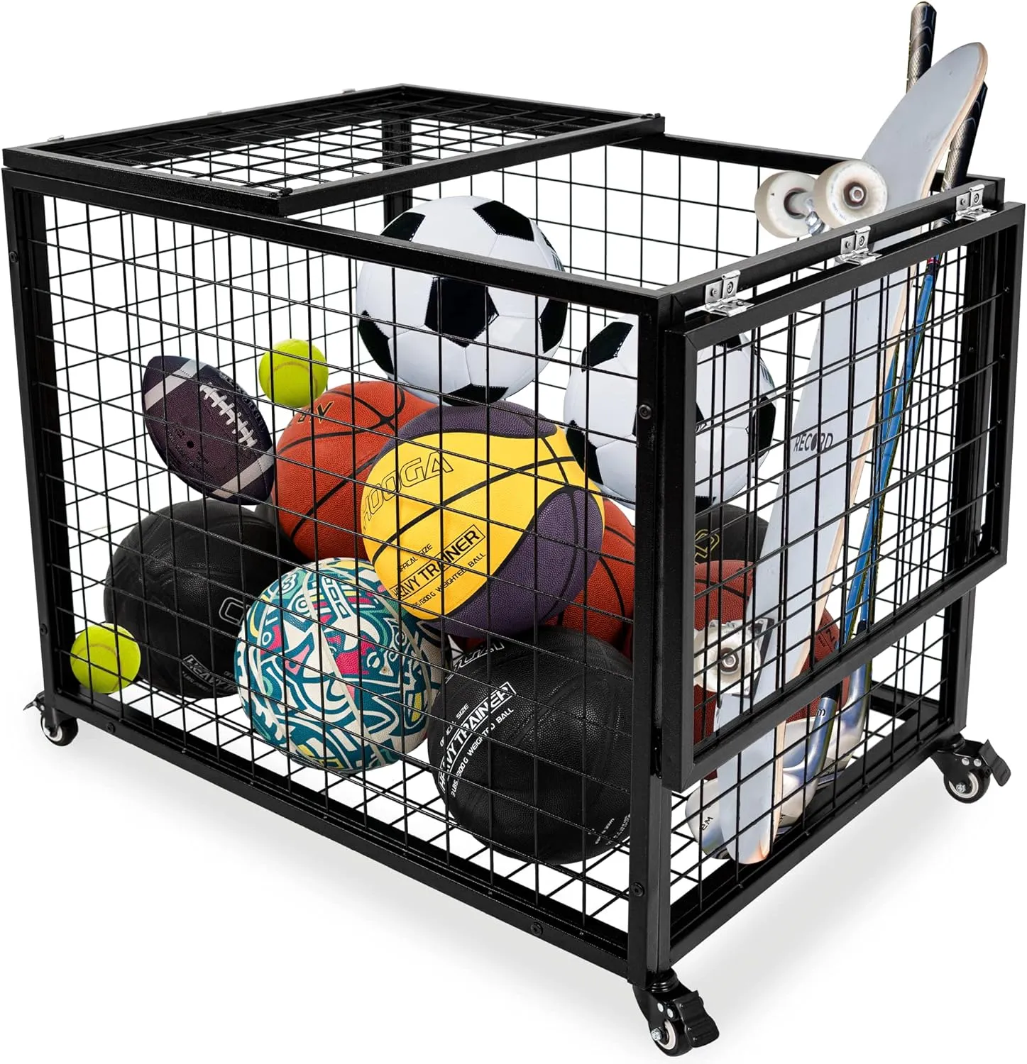Ball Cart Garage Sports Equipment Basketball Organizer with Lockable Lid, Basketball Storage Bin for Indoor Outdoor, Rolling Exercise Ball Holder for Gym, School, Club