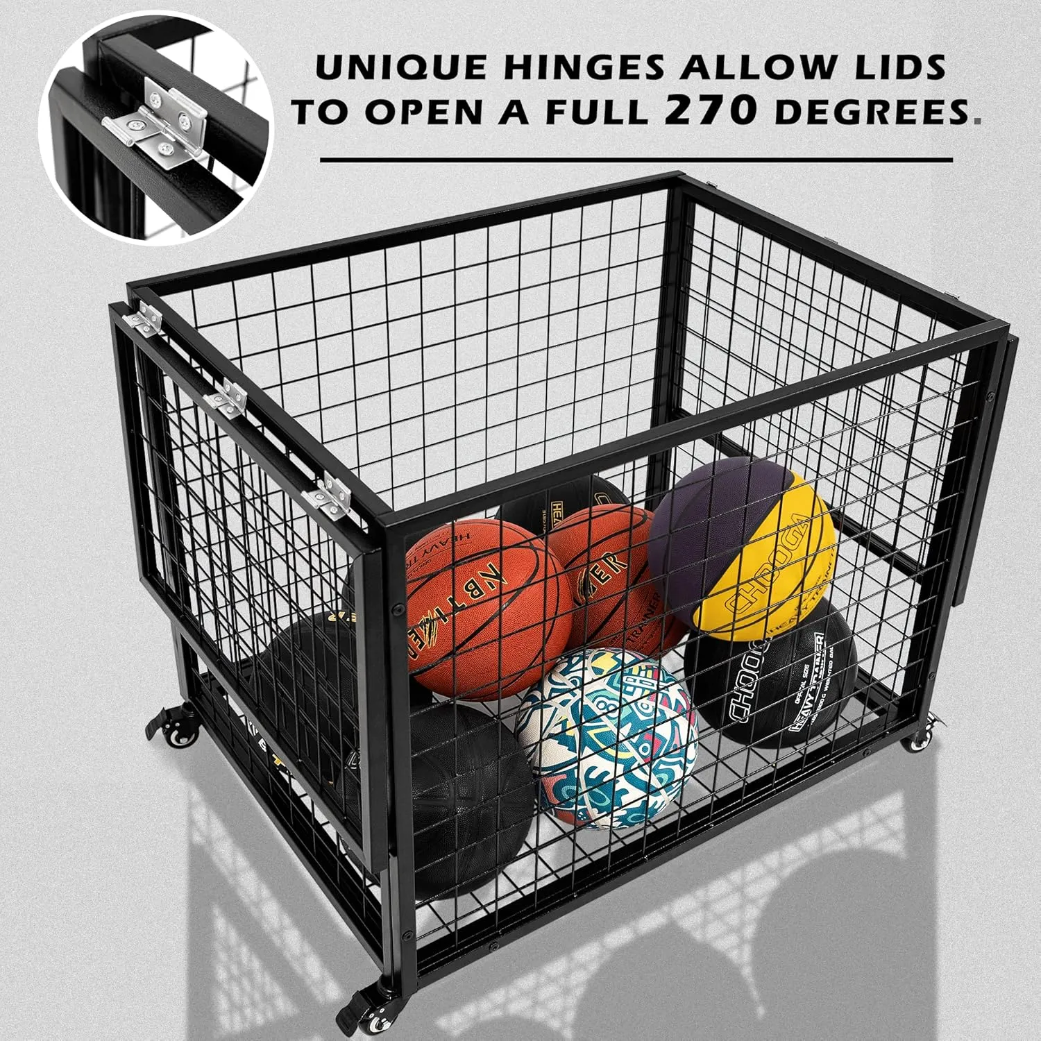 Ball Cart Garage Sports Equipment Basketball Organizer with Lockable Lid, Basketball Storage Bin for Indoor Outdoor, Rolling Exercise Ball Holder for Gym, School, Club