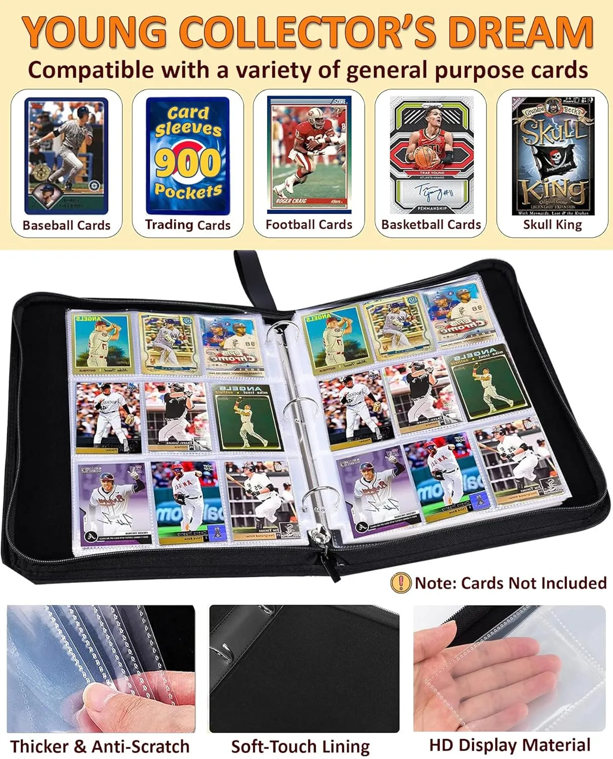 Baseball Card Binder 900 Pockets, 50 Sleeves Large Baseball Binder 3 Ring Zipper Trading Cards Holder 9 Pocket, Sport Collection Book Storage Box Organizer, Album Folder Case Photocard Protector Gift
