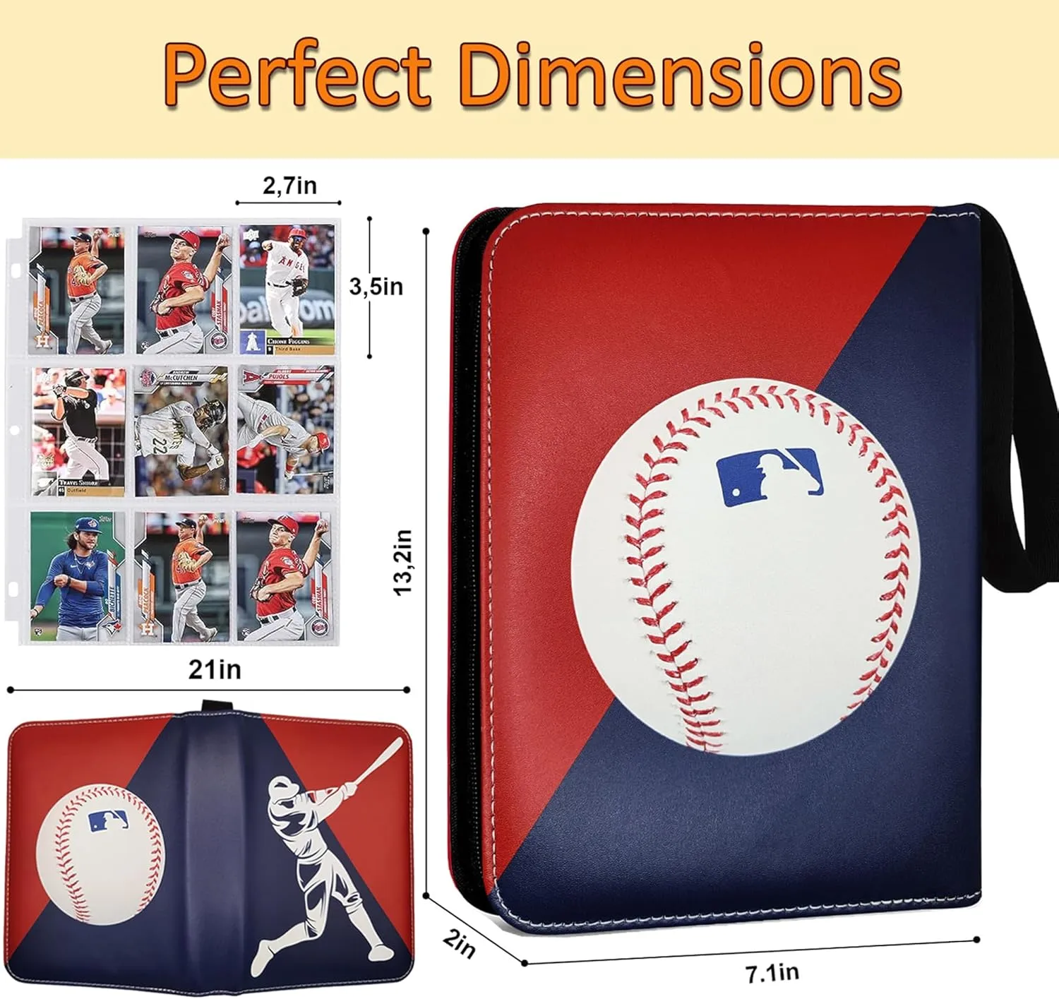 Baseball Card Binder 900 Pockets, 50 Sleeves Large Baseball Binder 3 Ring Zipper Trading Cards Holder 9 Pocket, Sport Collection Book Storage Box Organizer, Album Folder Case Photocard Protector Gift