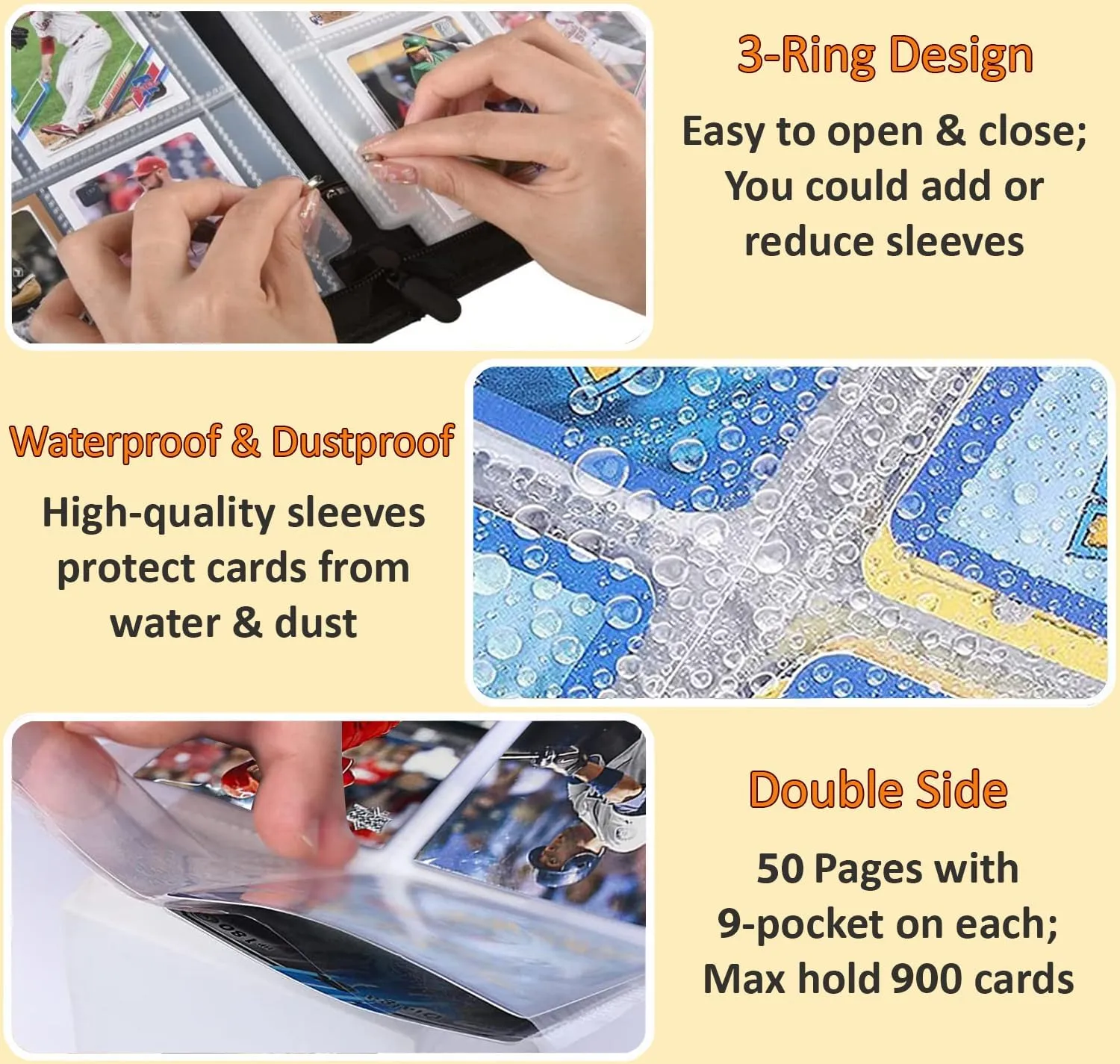 Baseball Card Binder 900 Pockets, 50 Sleeves Large Baseball Binder 3 Ring Zipper Trading Cards Holder 9 Pocket, Sport Collection Book Storage Box Organizer, Album Folder Case Photocard Protector Gift