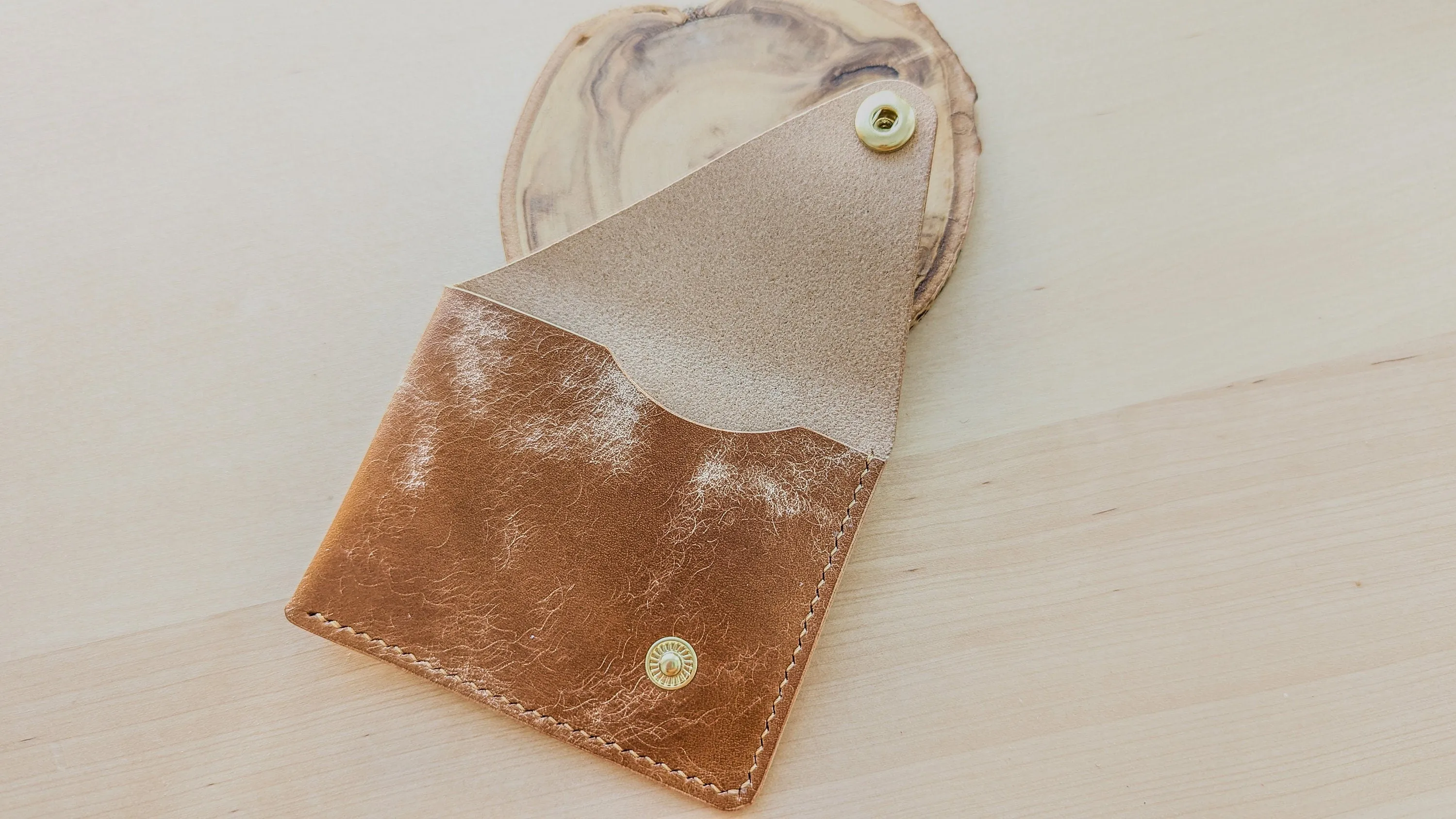 Caramel Italian Leather Asymmetrical Minimalist Snap Wallet