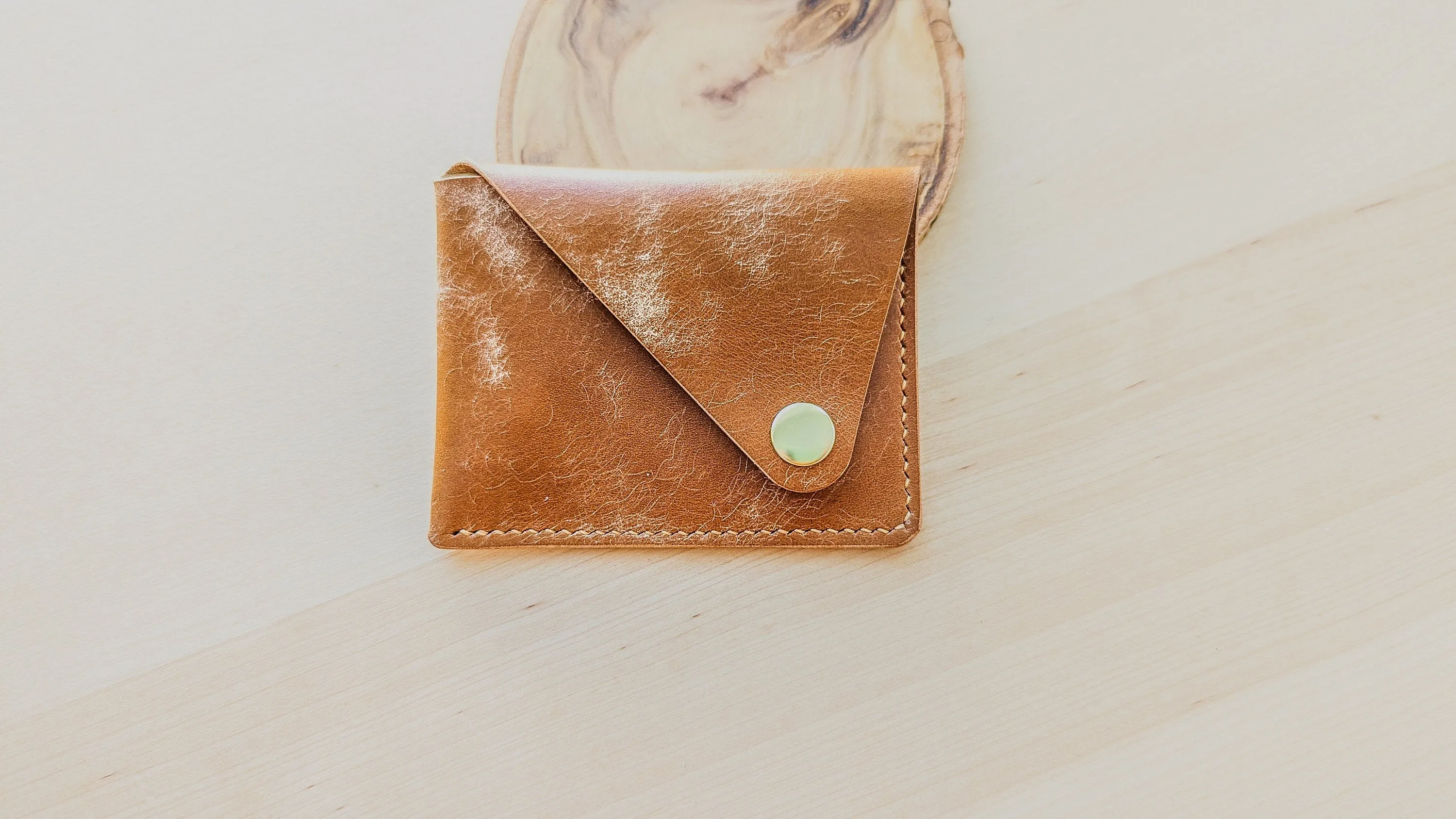 Caramel Italian Leather Asymmetrical Minimalist Snap Wallet