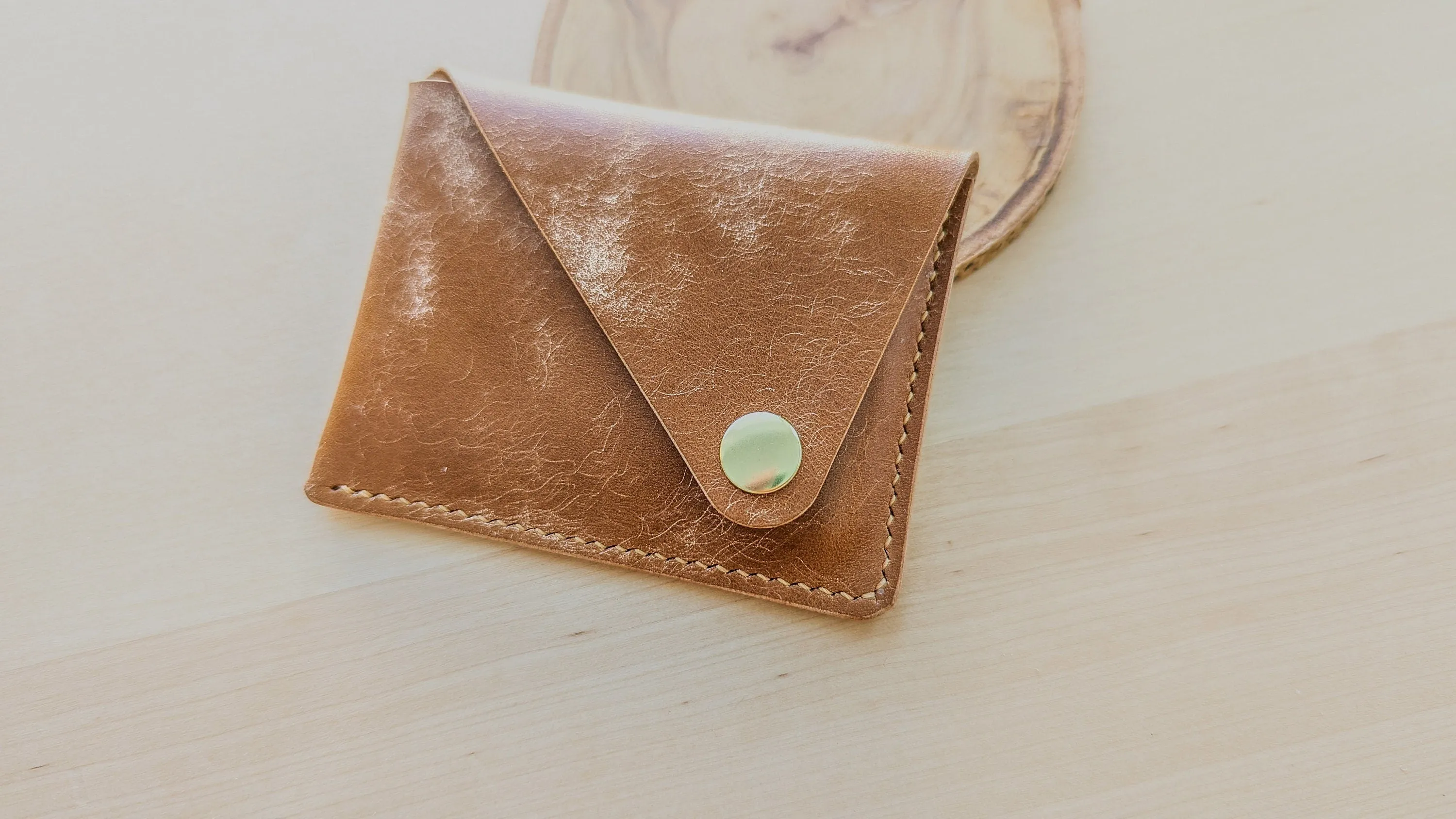 Caramel Italian Leather Asymmetrical Minimalist Snap Wallet