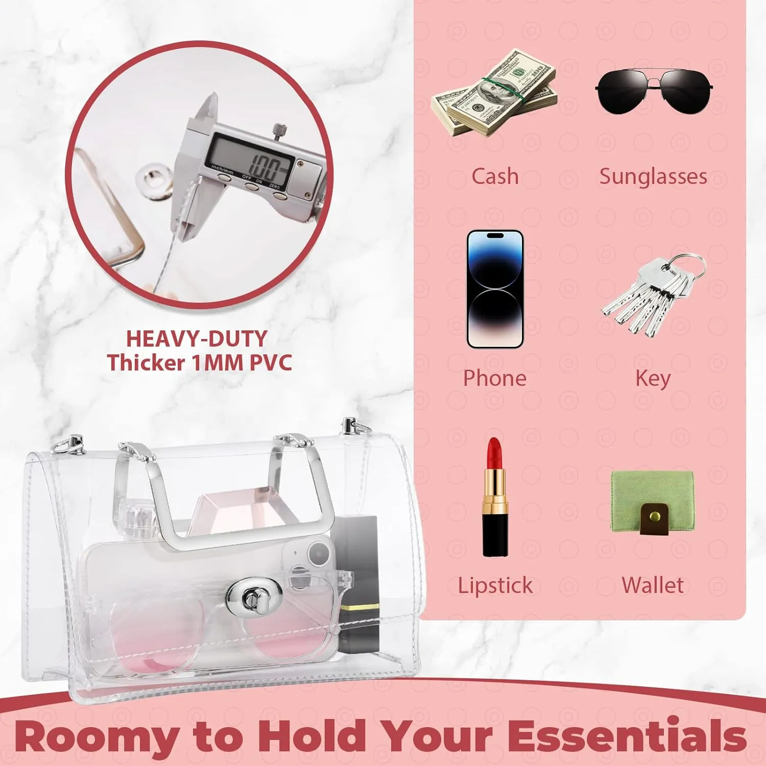 Clear Purse for Women - Stadium Approved Small Crossbody Bag with Zipper, Clear Stadium Bag for Concerts, Sports