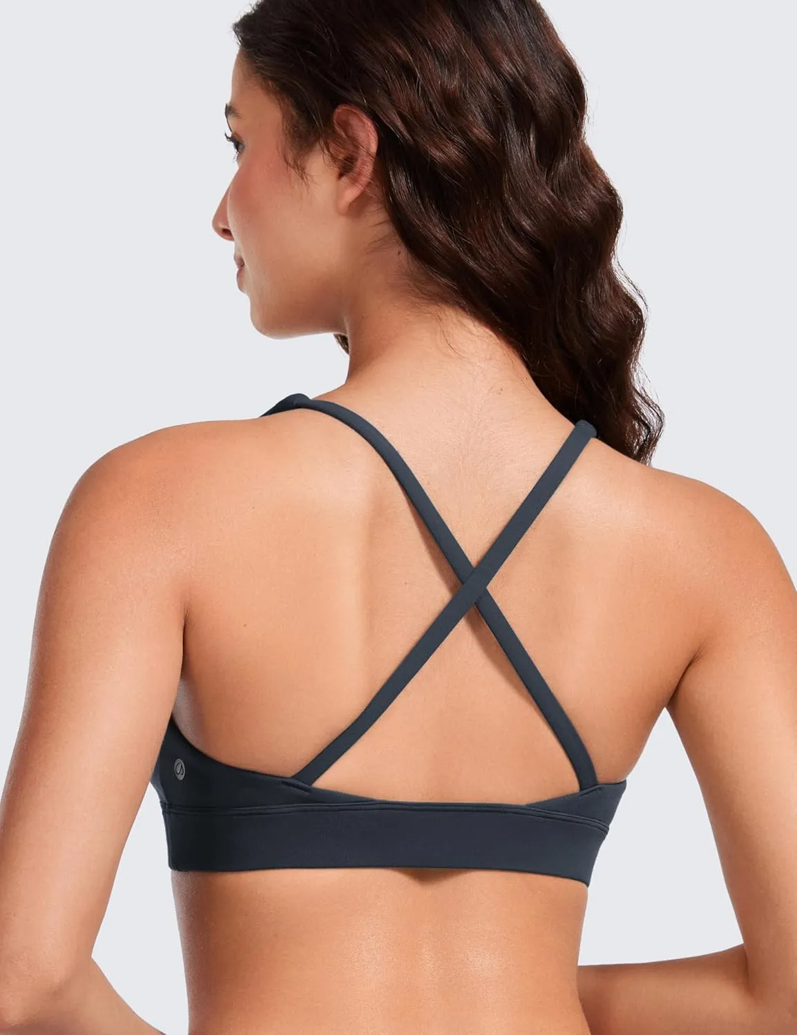 CRZ YOGA Butterluxe Deep V-Neck Sports Bras for Women - Spaghetti Strap Criss Cross Padded Top Low Coverage Wireless Yoga
