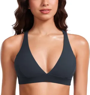 CRZ YOGA Butterluxe Deep V-Neck Sports Bras for Women - Spaghetti Strap Criss Cross Padded Top Low Coverage Wireless Yoga
