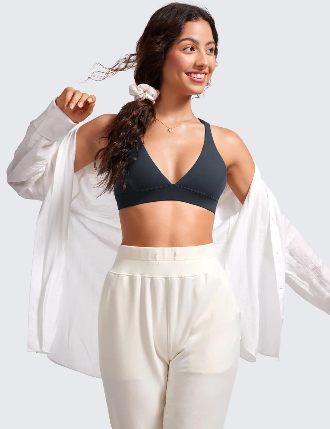 CRZ YOGA Butterluxe Deep V-Neck Sports Bras for Women - Spaghetti Strap Criss Cross Padded Top Low Coverage Wireless Yoga