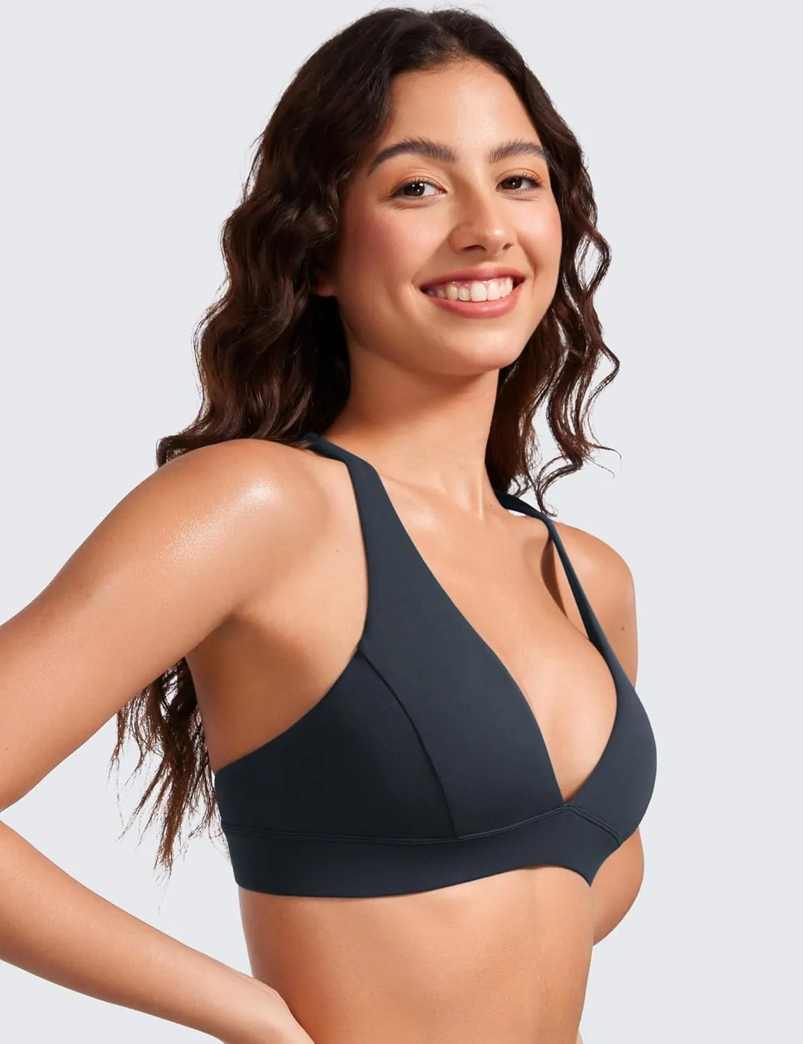 CRZ YOGA Butterluxe Deep V-Neck Sports Bras for Women - Spaghetti Strap Criss Cross Padded Top Low Coverage Wireless Yoga