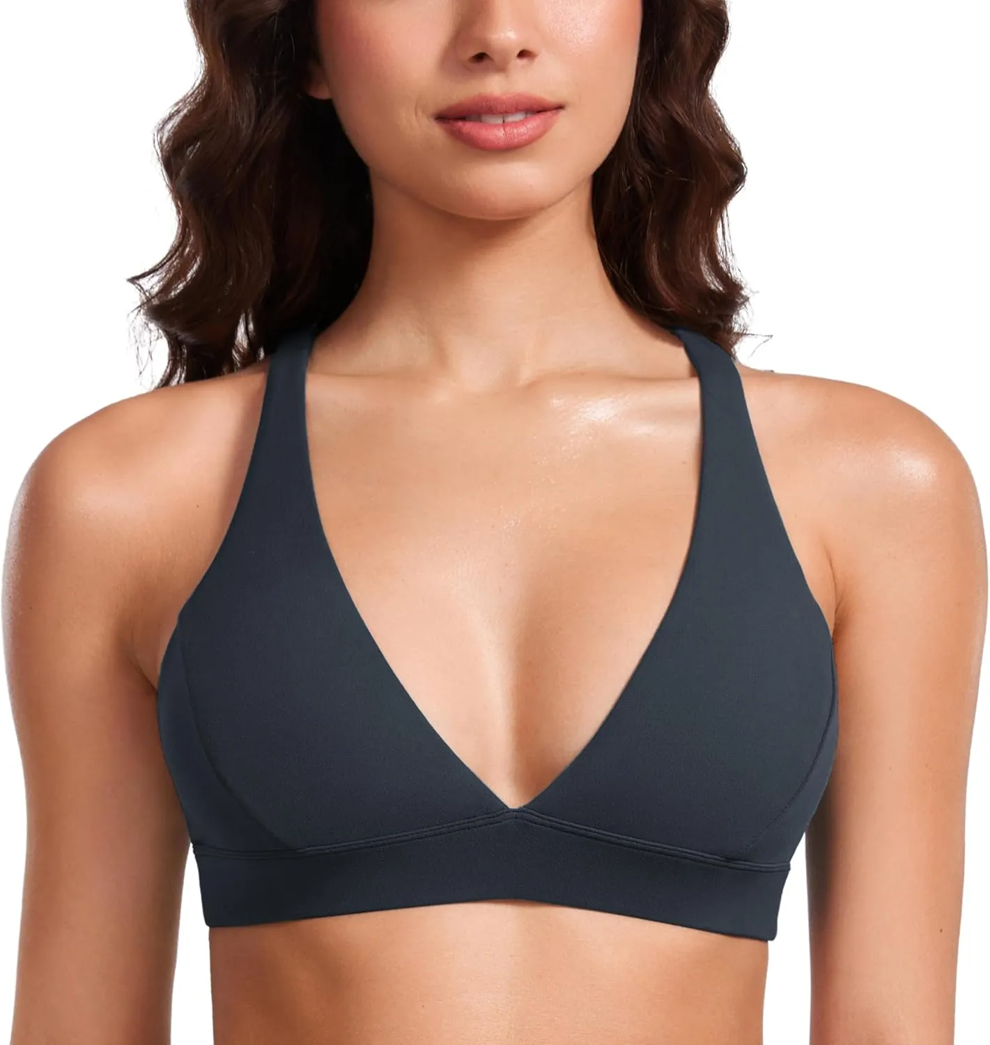 CRZ YOGA Butterluxe Deep V-Neck Sports Bras for Women - Spaghetti Strap Criss Cross Padded Top Low Coverage Wireless Yoga