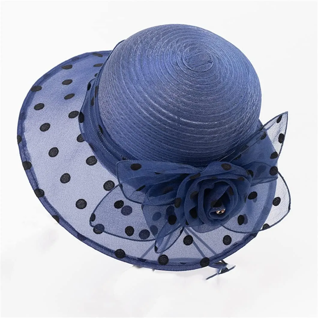 Disimlarl Summer Ladies Organza Polka Dot Flower Church Hats Breathable Wedding Fedora Hat for Women
