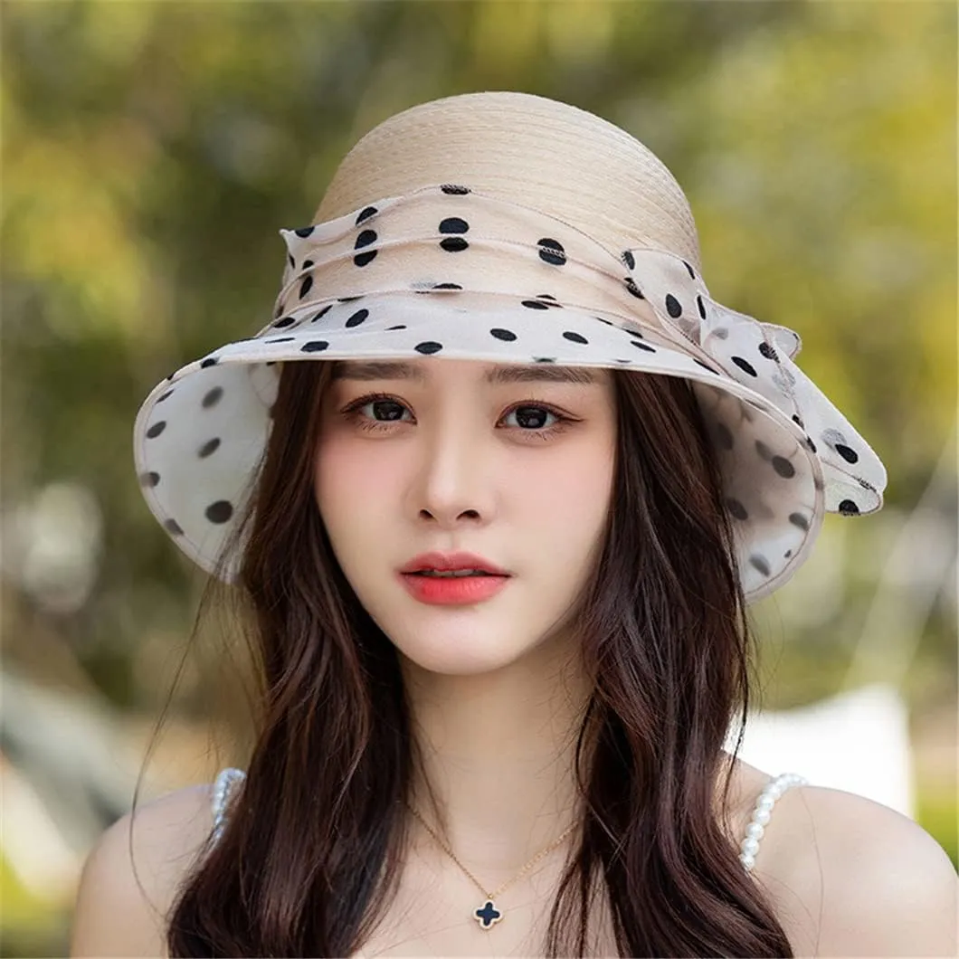 Disimlarl Summer Ladies Organza Polka Dot Flower Church Hats Breathable Wedding Fedora Hat for Women