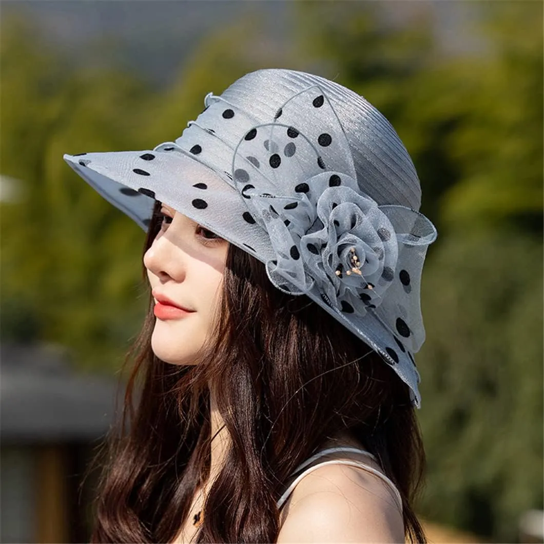 Disimlarl Summer Ladies Organza Polka Dot Flower Church Hats Breathable Wedding Fedora Hat for Women