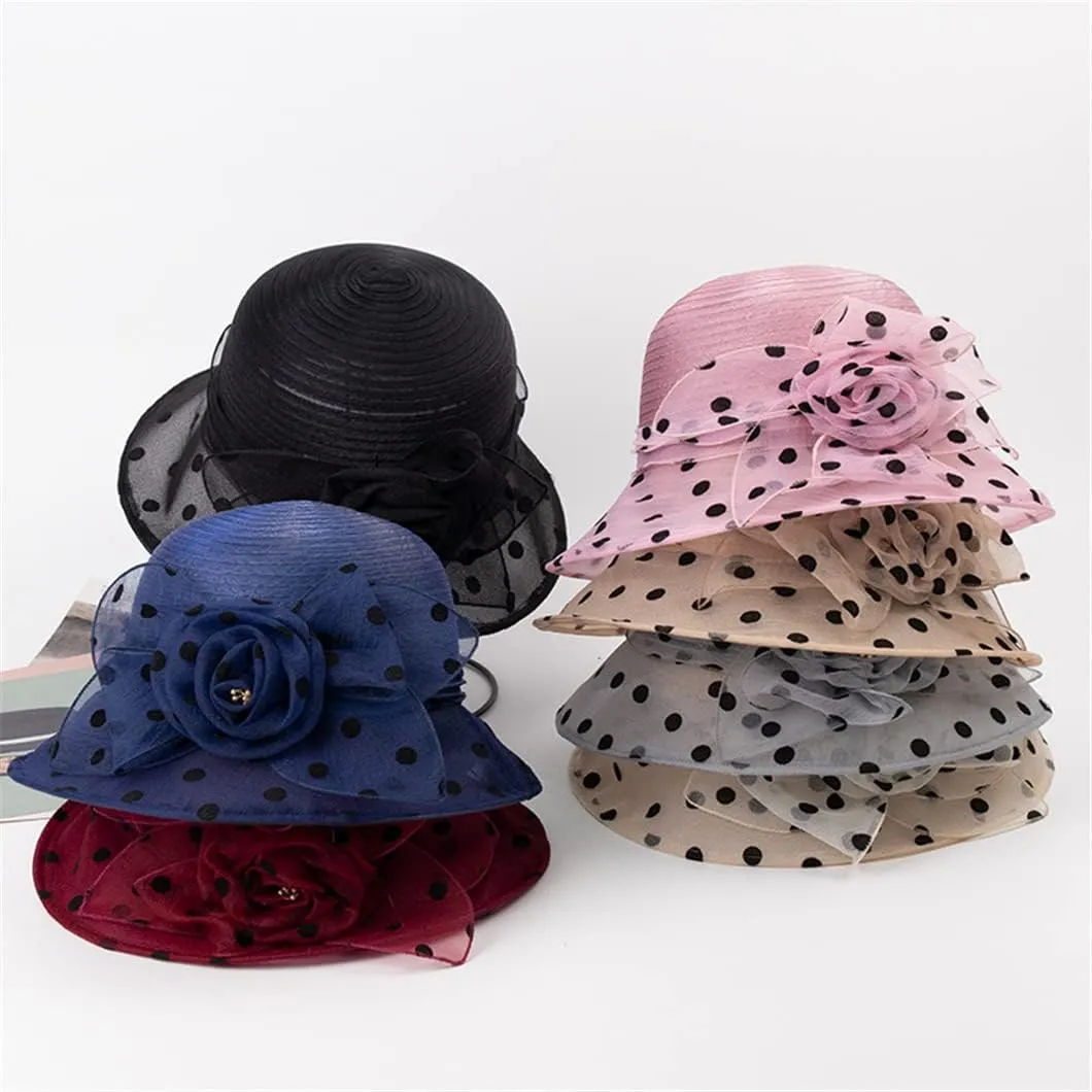 Disimlarl Summer Ladies Organza Polka Dot Flower Church Hats Breathable Wedding Fedora Hat for Women
