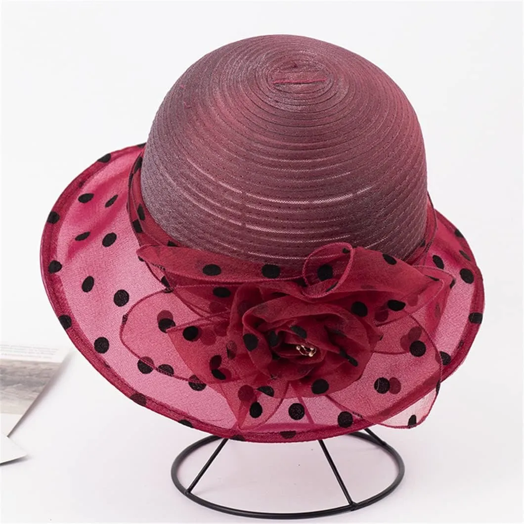 Disimlarl Summer Ladies Organza Polka Dot Flower Church Hats Breathable Wedding Fedora Hat for Women