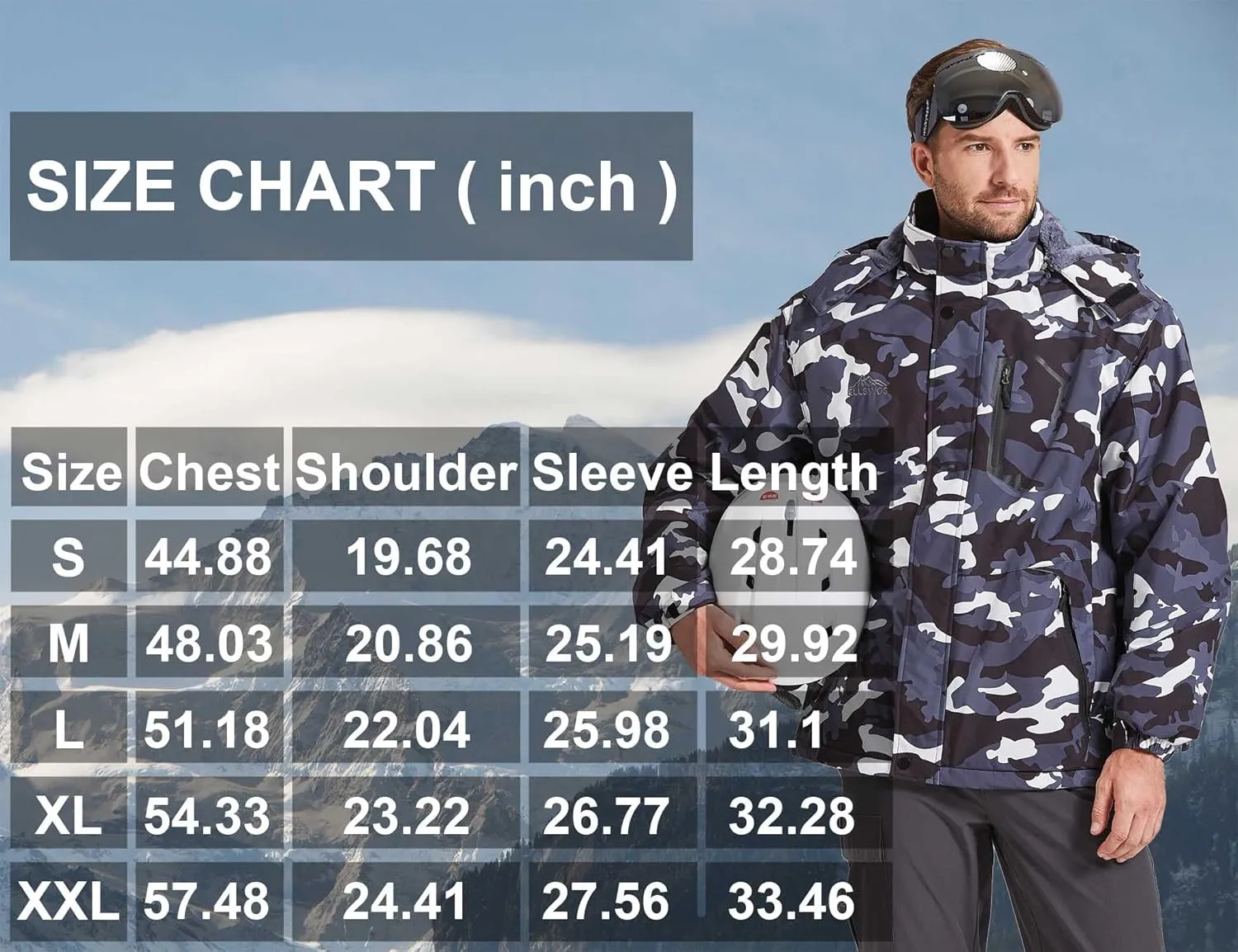 ELLSWOS Men's Waterproof Ski Jacket Winter Snow Coat Warm Hooded Raincoat Windproof Windbreakers