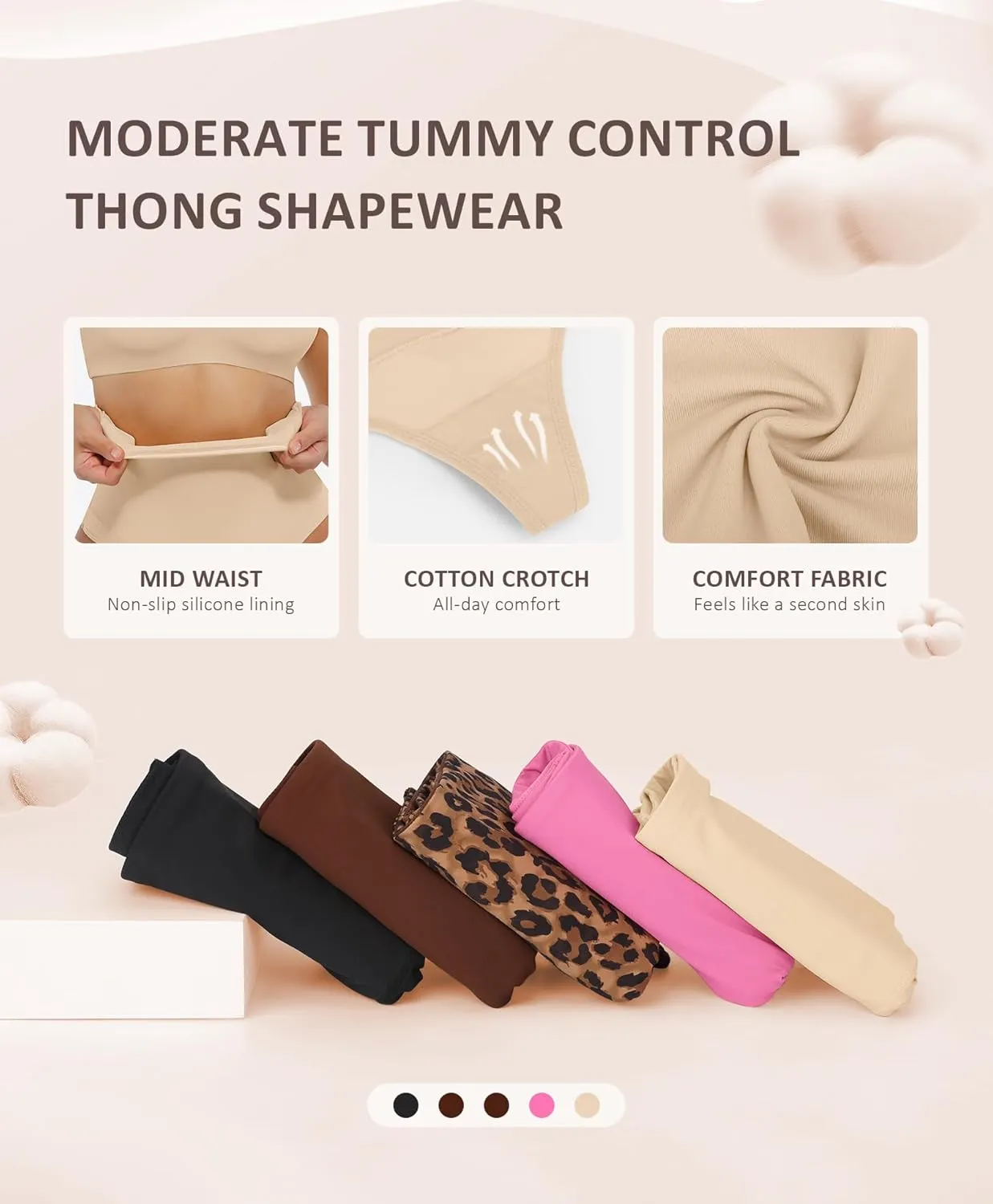 FeelinGirl Thong Shapewear for Women Tummy Control Mid Waisted Body Shaper Underwear Seamless Body Shaper Panties