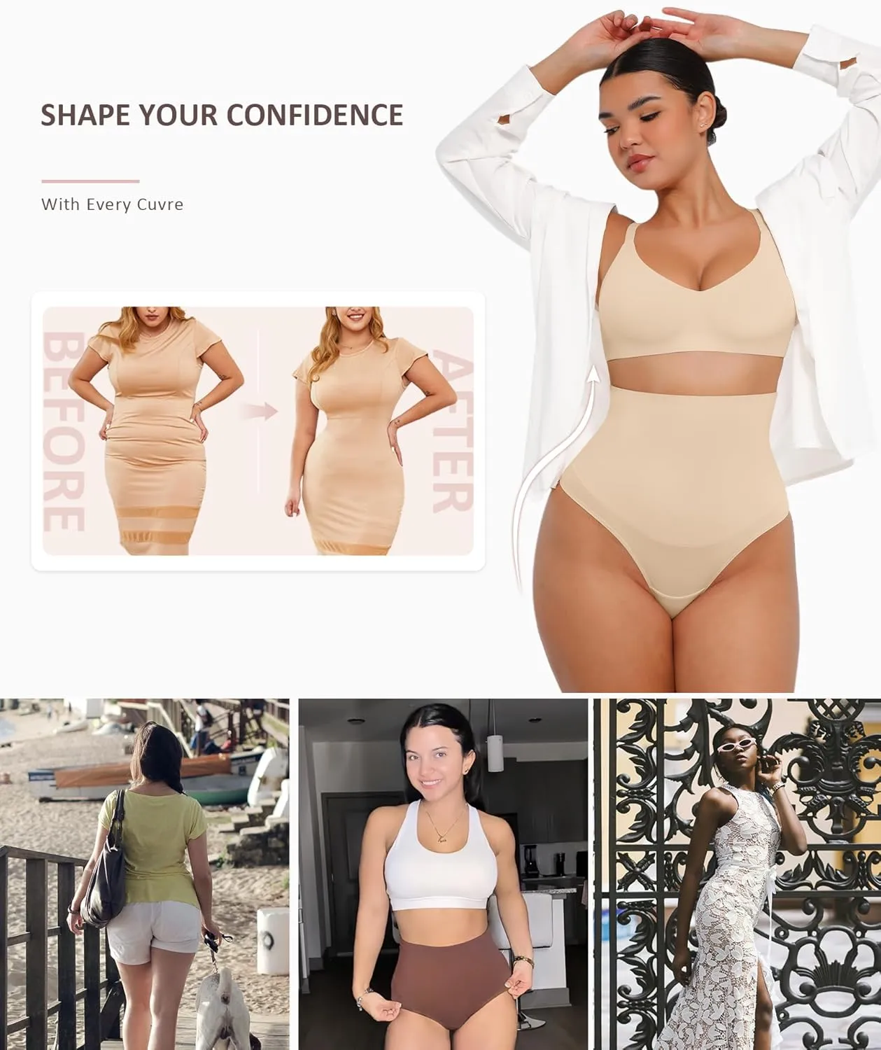 FeelinGirl Thong Shapewear for Women Tummy Control Mid Waisted Body Shaper Underwear Seamless Body Shaper Panties