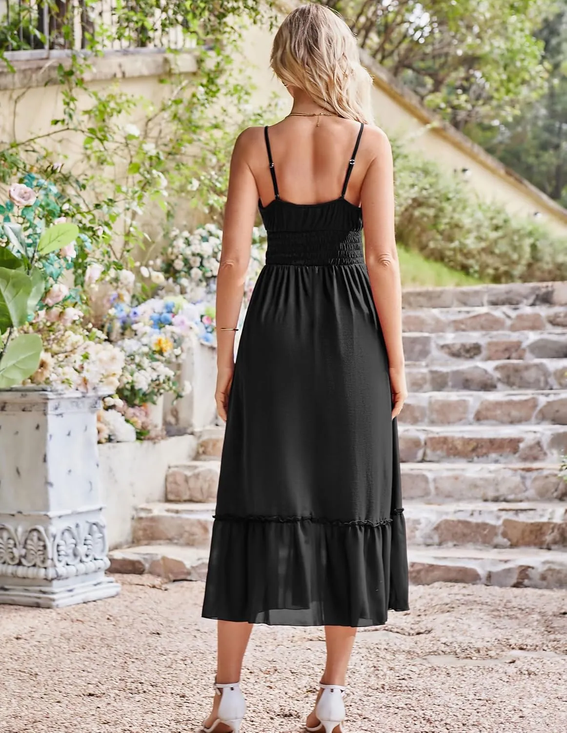 GRACE KARIN Womens 2025 Summer Dress Casual Sleeveless Spaghetti Strap Smocked Ruffle Beach Long Maxi Dress with Pockets