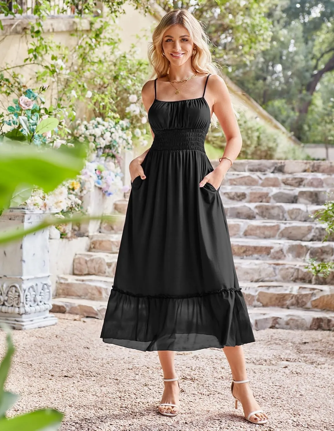 GRACE KARIN Womens 2025 Summer Dress Casual Sleeveless Spaghetti Strap Smocked Ruffle Beach Long Maxi Dress with Pockets