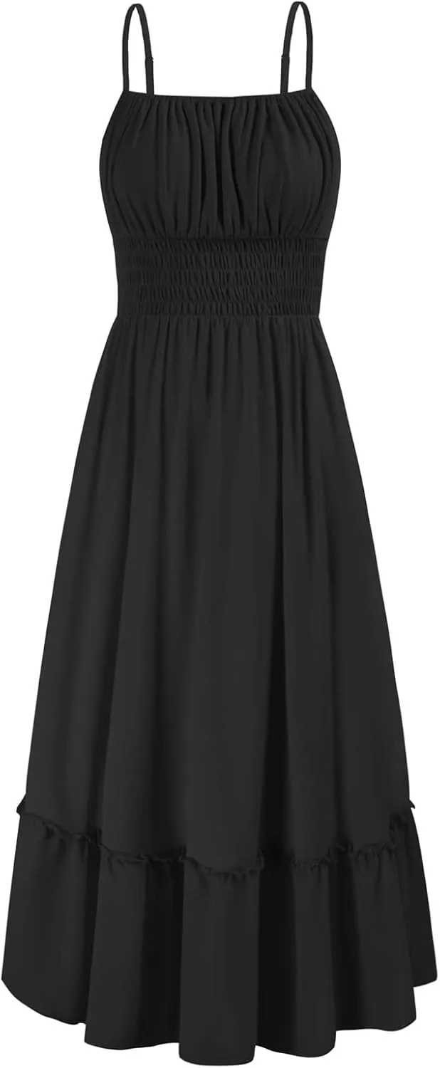 GRACE KARIN Womens 2025 Summer Dress Casual Sleeveless Spaghetti Strap Smocked Ruffle Beach Long Maxi Dress with Pockets