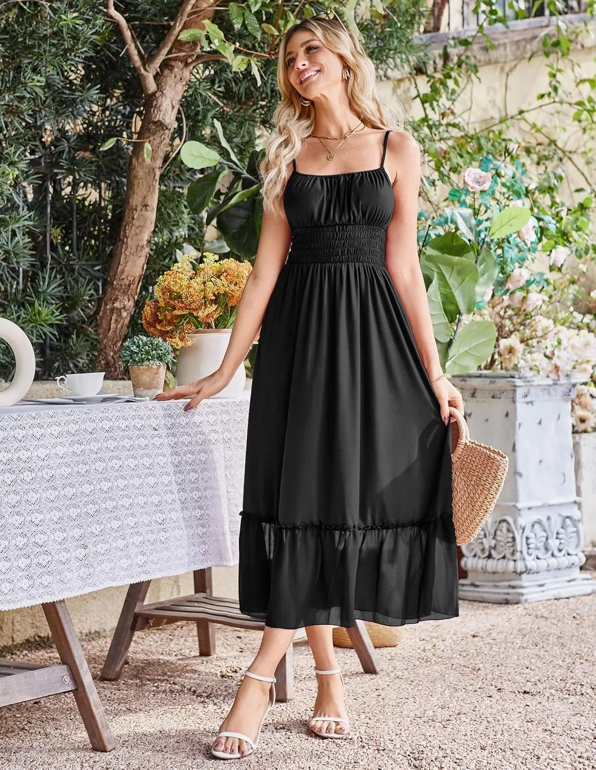 GRACE KARIN Womens 2025 Summer Dress Casual Sleeveless Spaghetti Strap Smocked Ruffle Beach Long Maxi Dress with Pockets